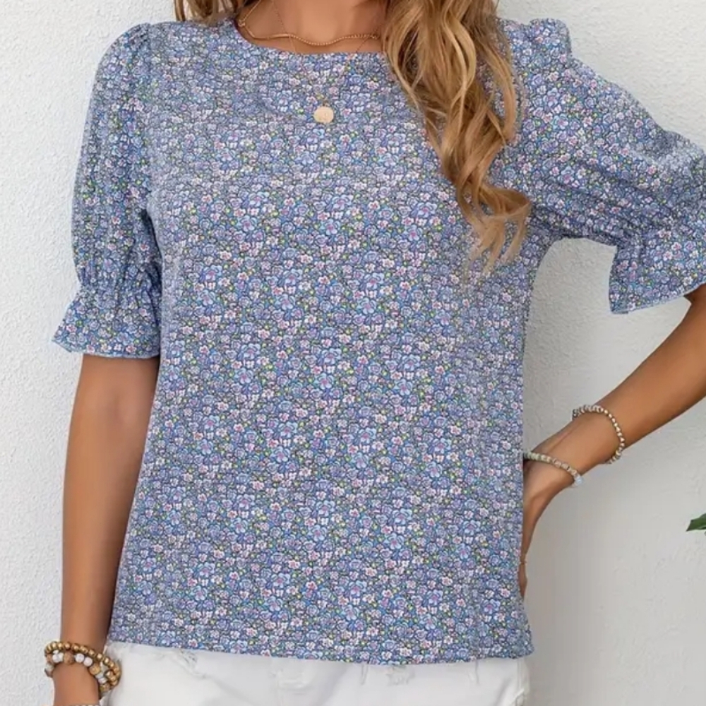 FLORAL PRINT BLOUSE  SHORT SLEEVE LARGE